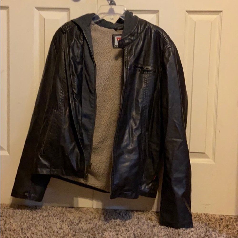 Levi’s Men’s Medium faux leather jacket with hood